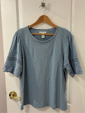 Design History Crochet Lace Puff Sleeve Cotton Slate Blue Slub Knit Tee XL